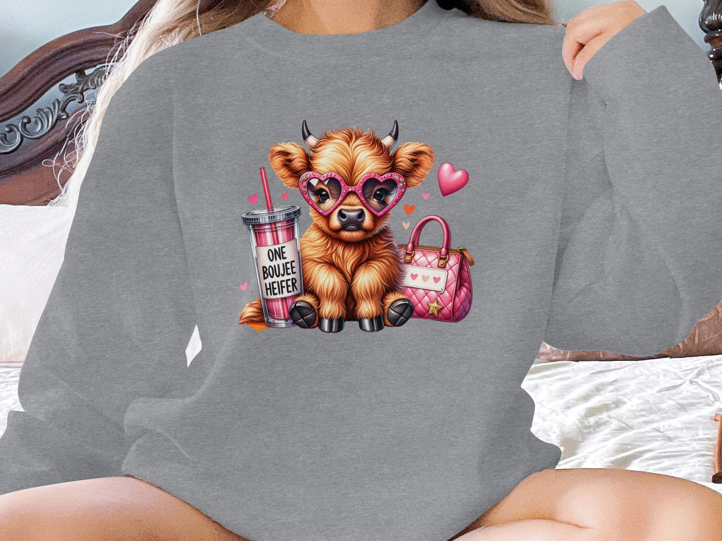 Physical Item Sweatshirts / S / Graphite Heather Cute Highland Cow T-Shirt One Boujee Heifer Highland Cow Sweatshirt Cute Cow Pullover Gift Idea