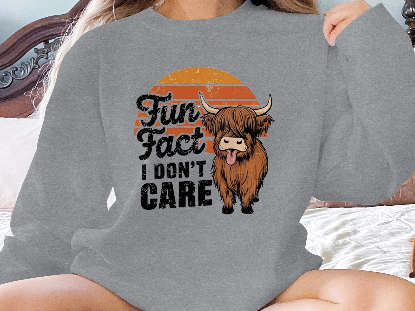 Physical Item Sweatshirts / S / Graphite Heather Fun Fact I Don't Care Highland Cow T-Shirt or Sweatshirt, Funny Cow Graphic Tee, Cute Animal Shirt