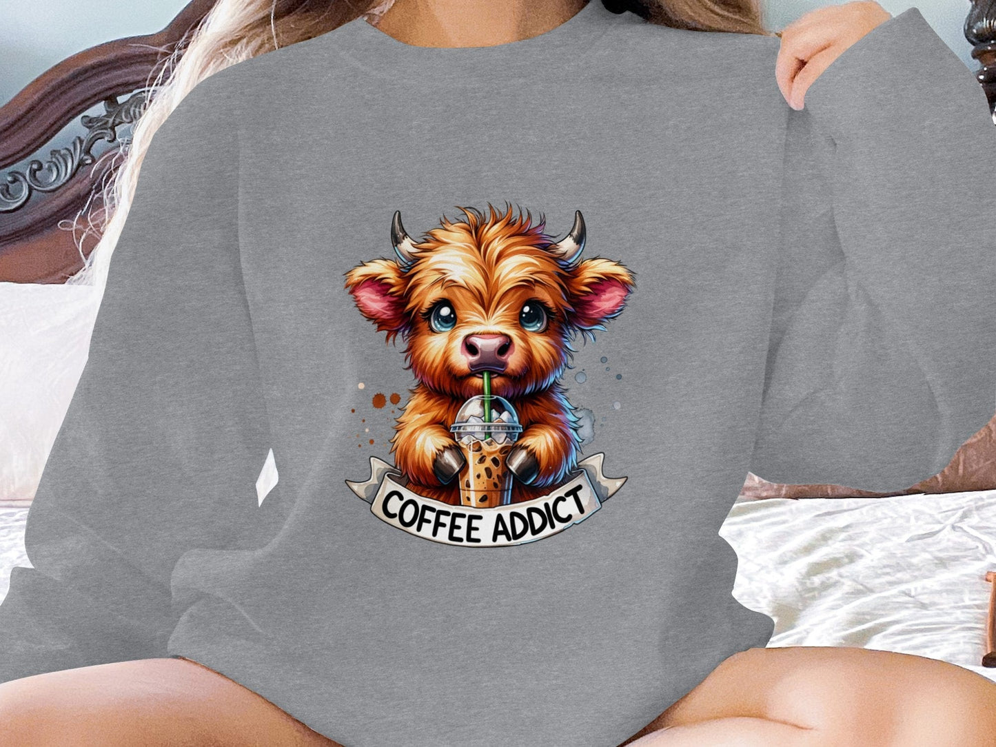 Physical Item Sweatshirts / S / Graphite Heather Highland Cow Coffee Addict T Shirt Cute Cow Drinking Coffee Shirt Café Lover Gift