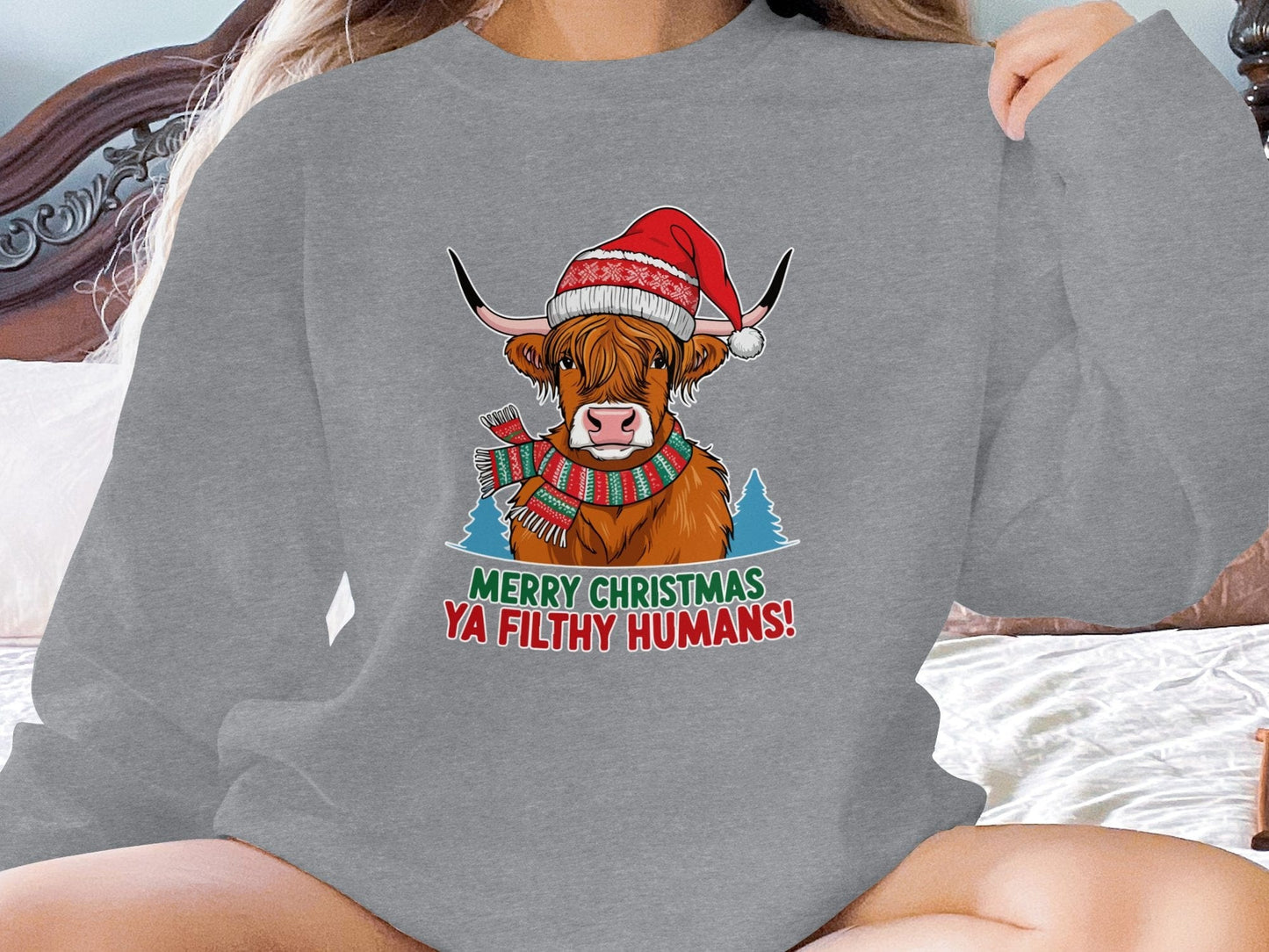 Physical Item Sweatshirts / S / Graphite Heather Merry Christmas Ya Filthy Humans Highland Cow Shirt Festive Holiday Top