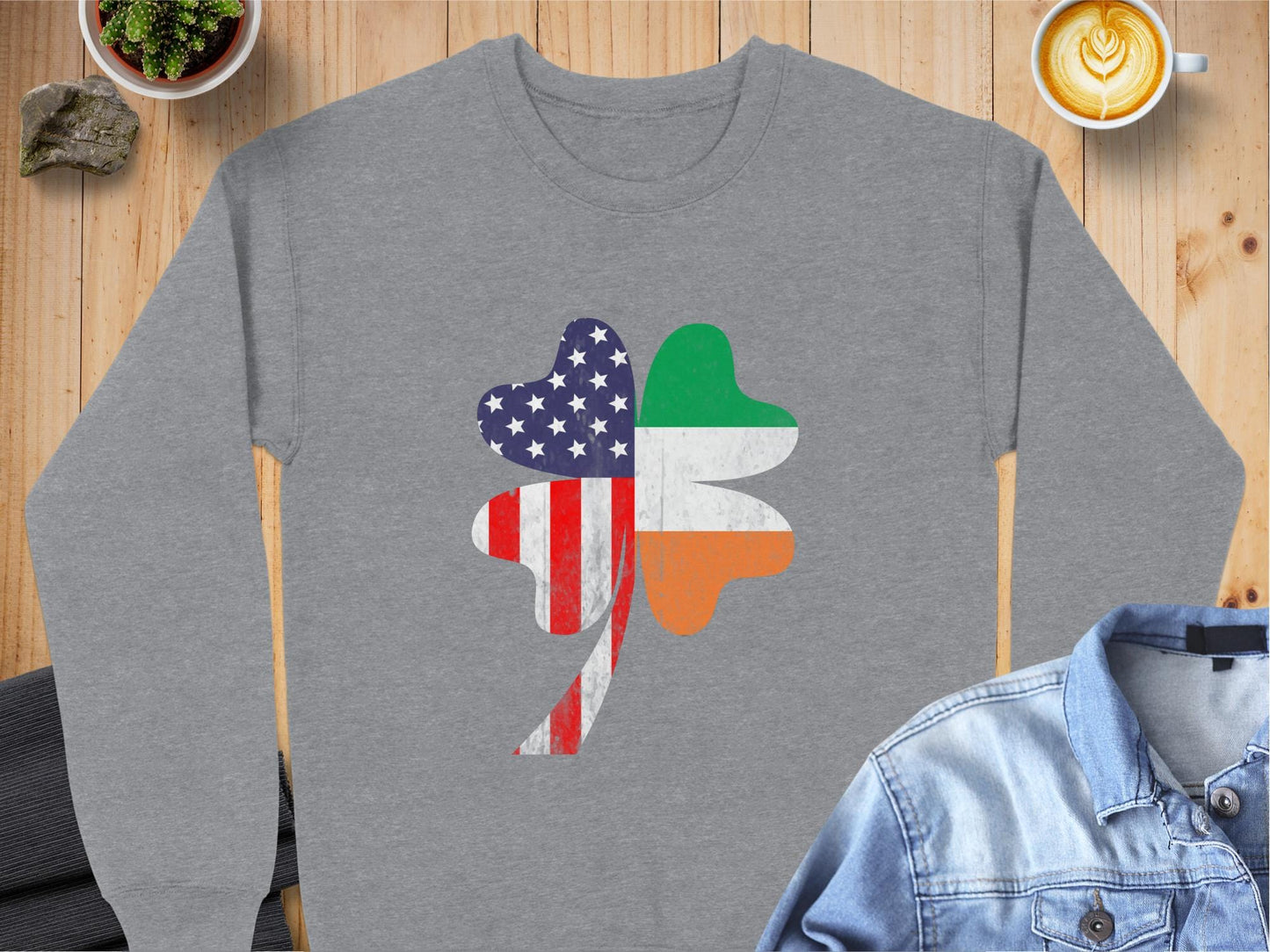 Physical Item Sweatshirts / S / Graphite Heather USA and Ireland Flag Clover Design t-shirt sweatshirt