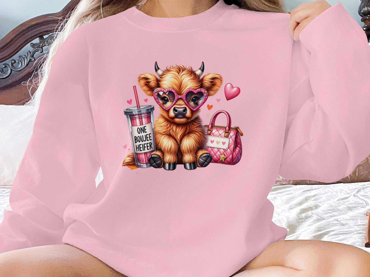 Physical Item Sweatshirts / S / Light Pink Cute Highland Cow T-Shirt One Boujee Heifer Highland Cow Sweatshirt Cute Cow Pullover Gift Idea