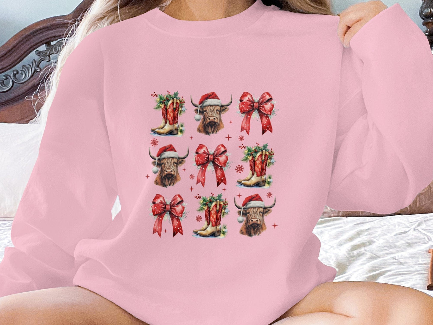 Physical Item Sweatshirts / S / Light Pink Highland Cow Christmas Tshirt, Santa Hat Sweatshirt, Holiday Western Shirt