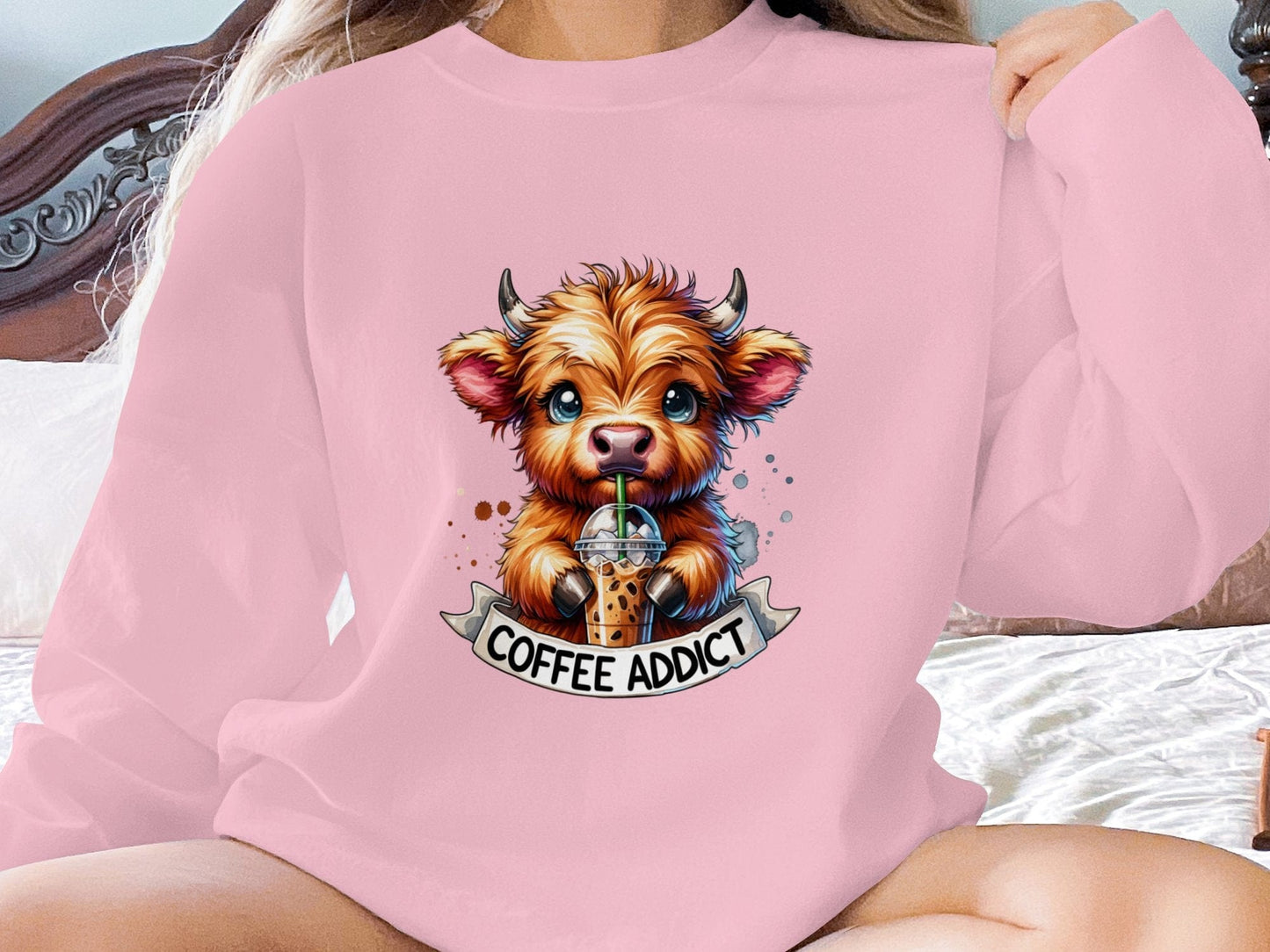 Physical Item Sweatshirts / S / Light Pink Highland Cow Coffee Addict T Shirt Cute Cow Drinking Coffee Shirt Café Lover Gift