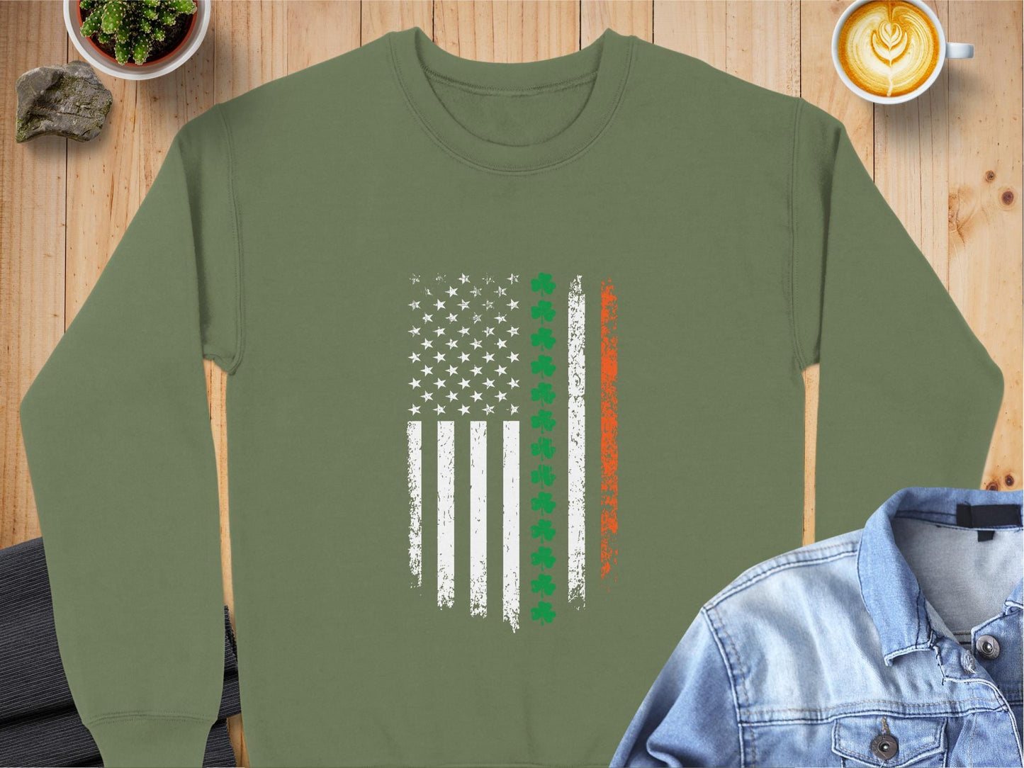 Physical Item Sweatshirts / S / Military Green Distressed USA Flag Shamrock Stripe Unisex Irish T-shirt Sweatshirt