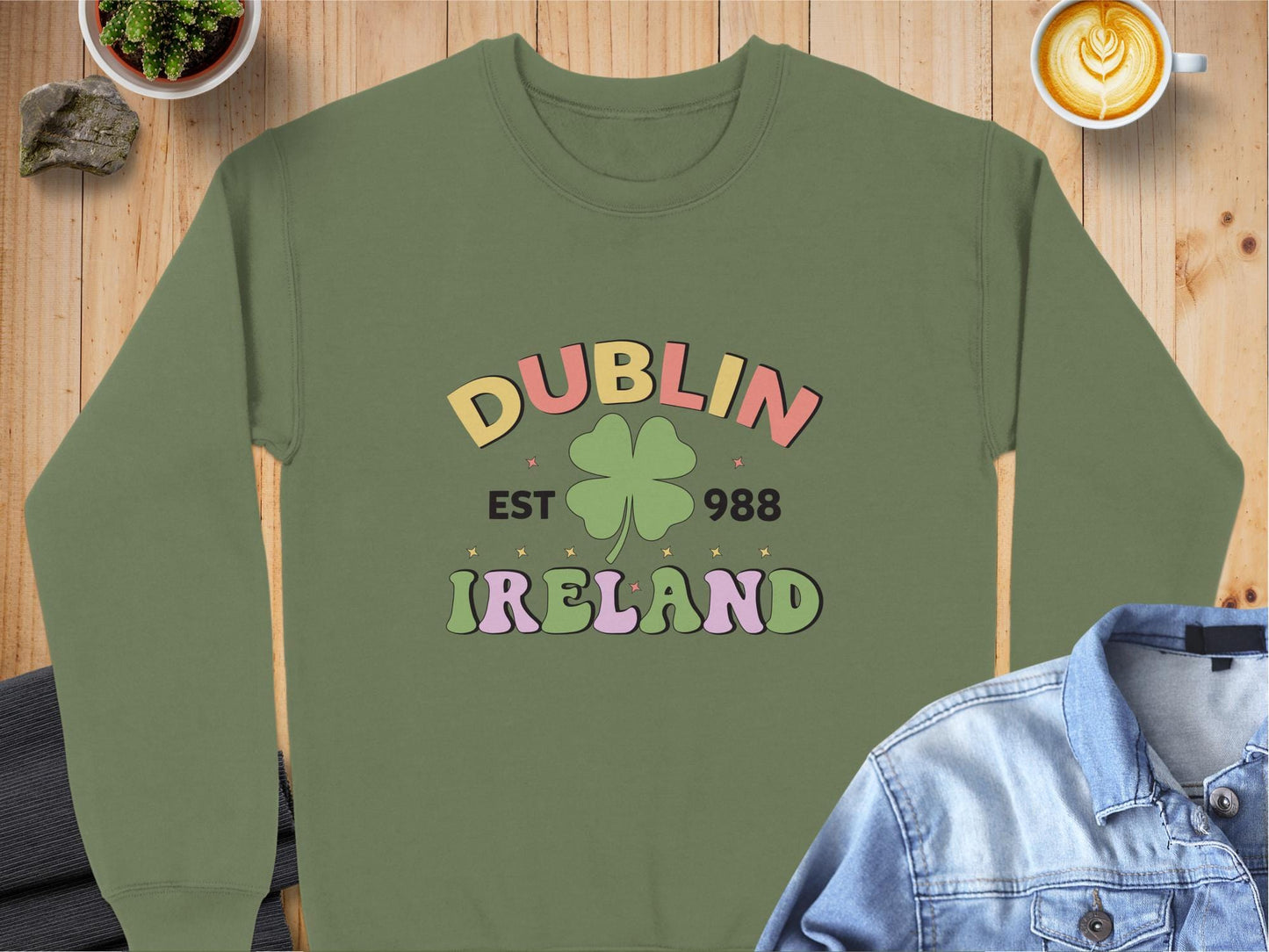 Physical Item Sweatshirts / S / Military Green Dublin Ireland Clover EST 988 Graphic t-shirt sweatshirt