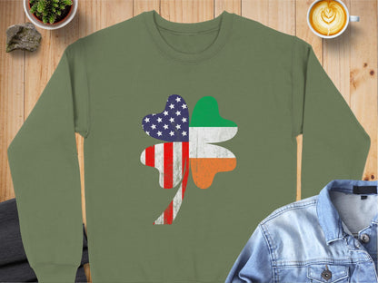 Physical Item Sweatshirts / S / Military Green USA and Ireland Flag Clover Design t-shirt sweatshirt