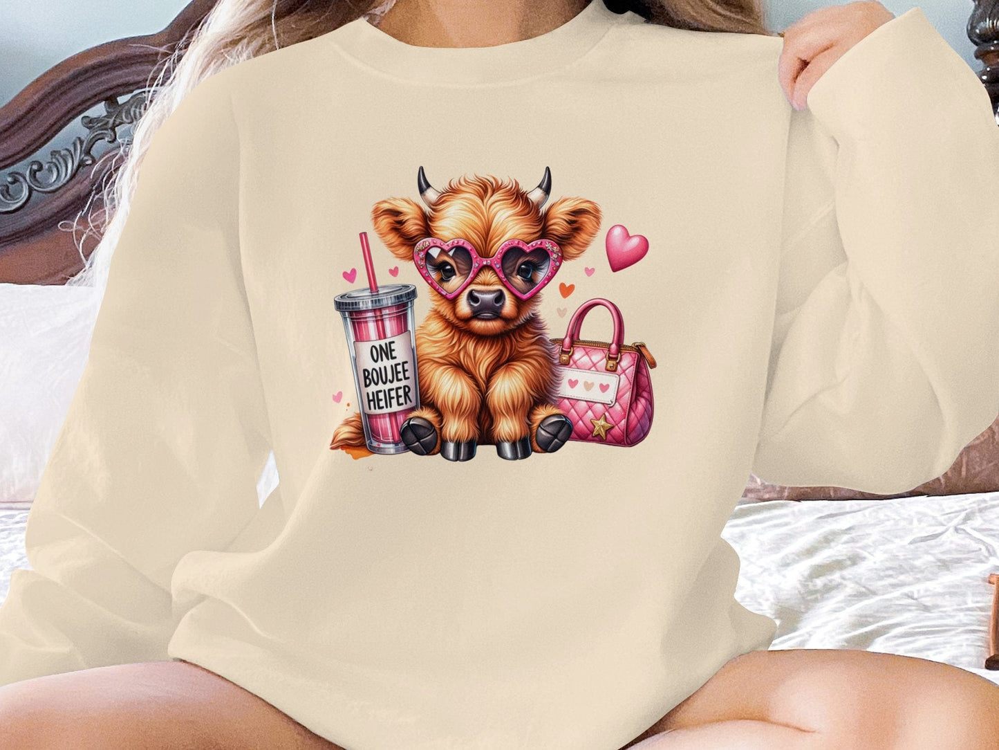 Physical Item Sweatshirts / S / Sand Cute Highland Cow T-Shirt One Boujee Heifer Highland Cow Sweatshirt Cute Cow Pullover Gift Idea