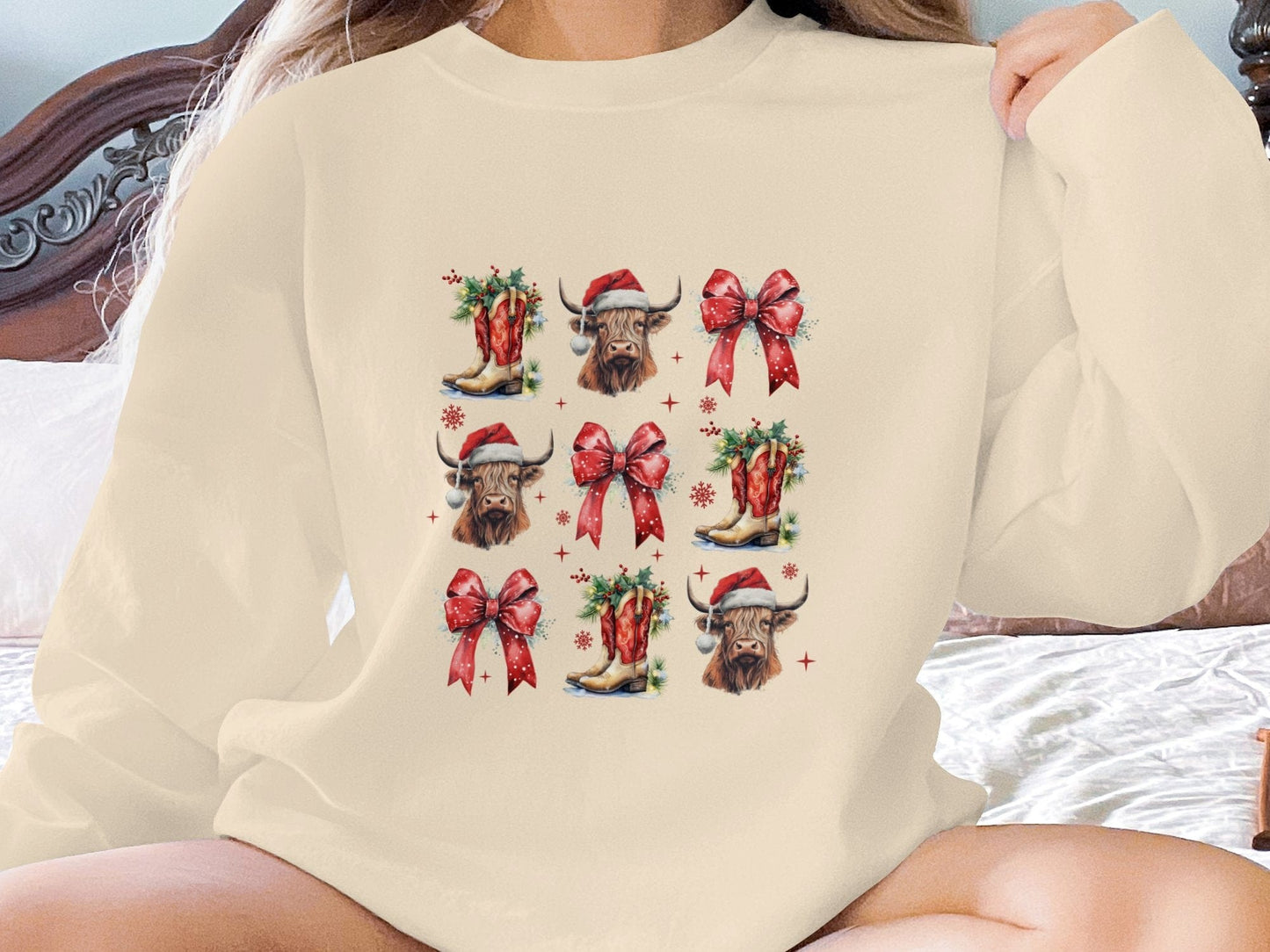 Physical Item Sweatshirts / S / Sand Highland Cow Christmas Tshirt, Santa Hat Sweatshirt, Holiday Western Shirt