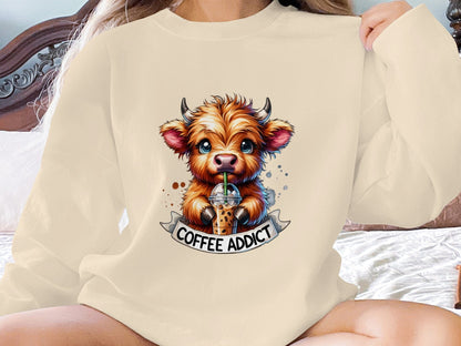 Physical Item Sweatshirts / S / Sand Highland Cow Coffee Addict T Shirt Cute Cow Drinking Coffee Shirt Café Lover Gift