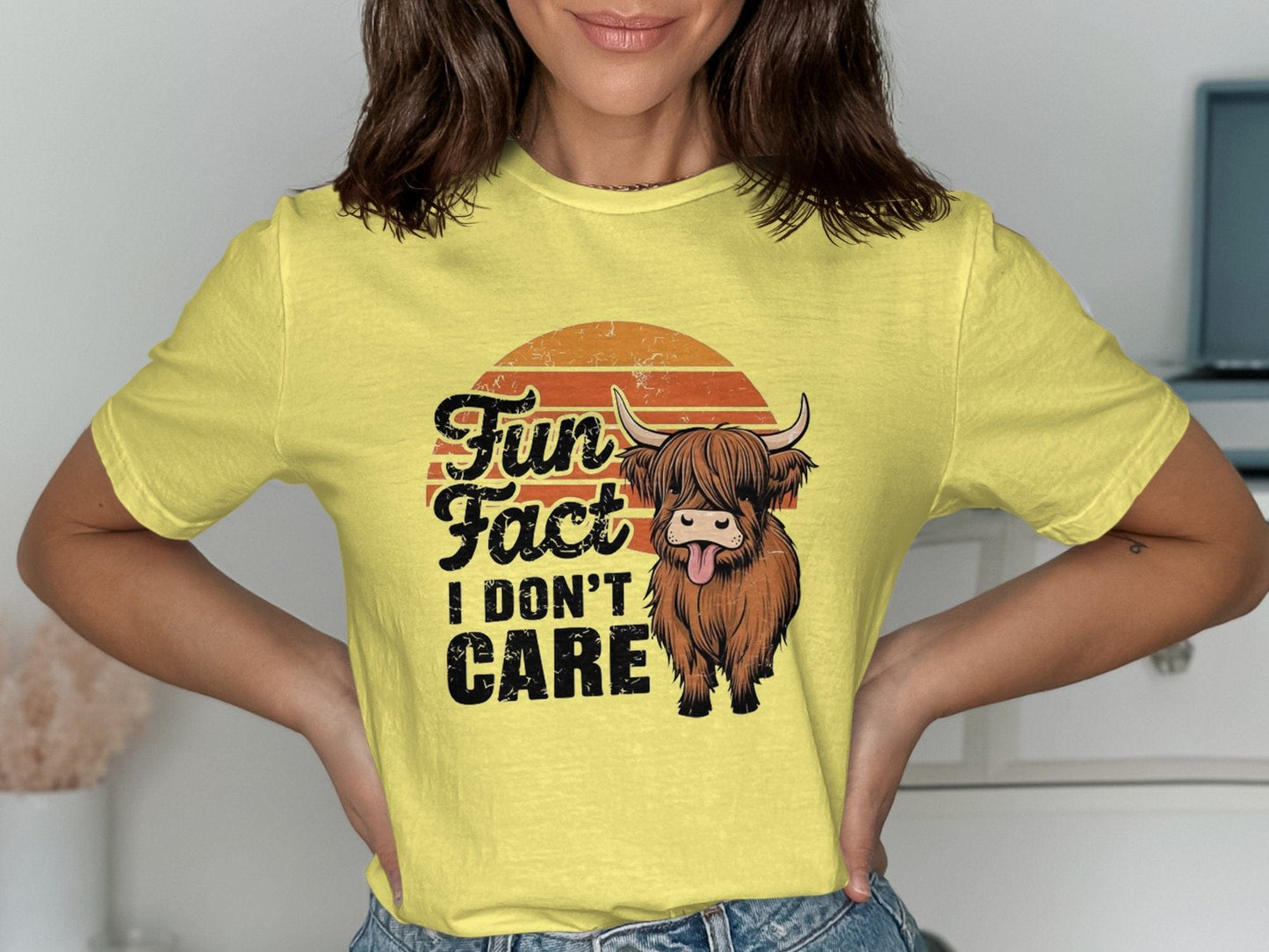 Physical Item T-Shirts / S / Cornsilk Fun Fact I Don't Care Highland Cow T-Shirt or Sweatshirt, Funny Cow Graphic Tee, Cute Animal Shirt