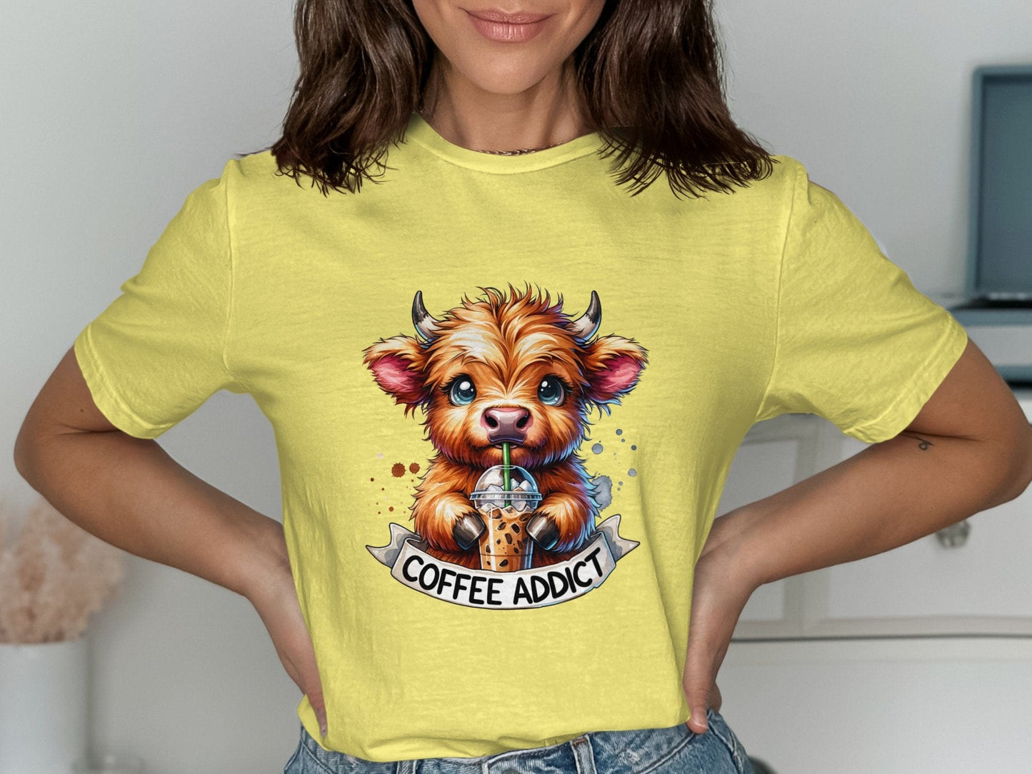 Physical Item T-Shirts / S / Cornsilk Highland Cow Coffee Addict T Shirt Cute Cow Drinking Coffee Shirt Café Lover Gift