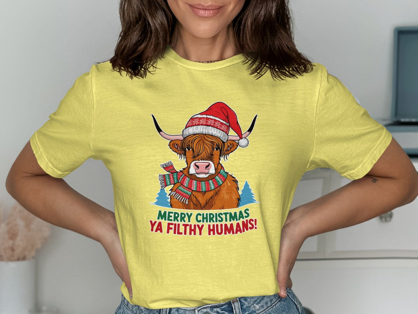 Physical Item T-Shirts / S / Cornsilk Merry Christmas Ya Filthy Humans Highland Cow Shirt Festive Holiday Top