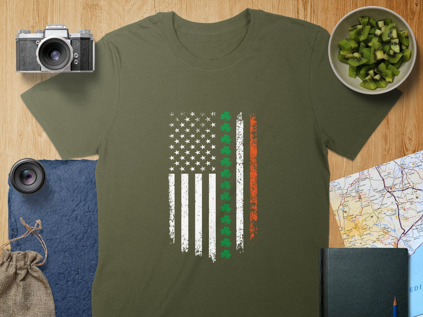 Physical Item T-Shirts / S / Military Green Distressed USA Flag Shamrock Stripe Unisex Irish T-shirt Sweatshirt