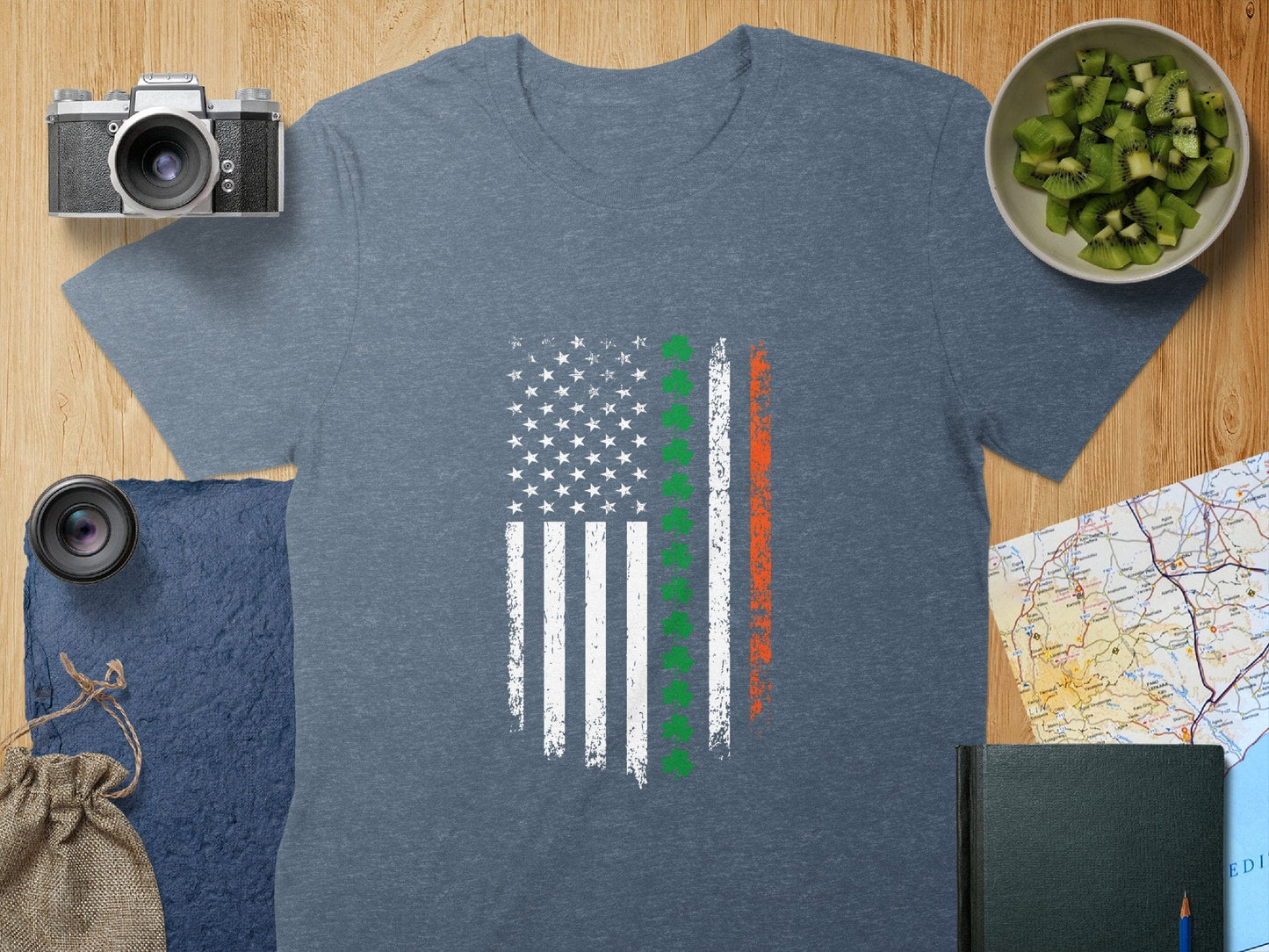 Physical Item T-Shirts / S / Navy Heather Distressed USA Flag Shamrock Stripe Unisex Irish T-shirt Sweatshirt