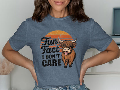 Physical Item T-Shirts / S / Navy Heather Fun Fact I Don't Care Highland Cow T-Shirt or Sweatshirt, Funny Cow Graphic Tee, Cute Animal Shirt