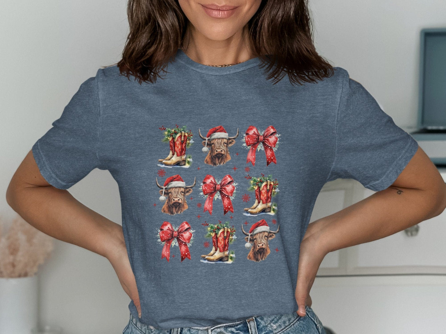 Physical Item T-Shirts / S / Navy Heather Highland Cow Christmas Tshirt, Santa Hat Sweatshirt, Holiday Western Shirt