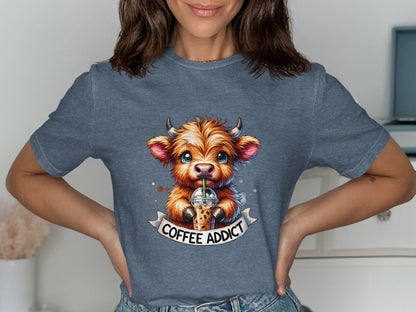 Physical Item T-Shirts / S / Navy Heather Highland Cow Coffee Addict T Shirt Cute Cow Drinking Coffee Shirt Café Lover Gift