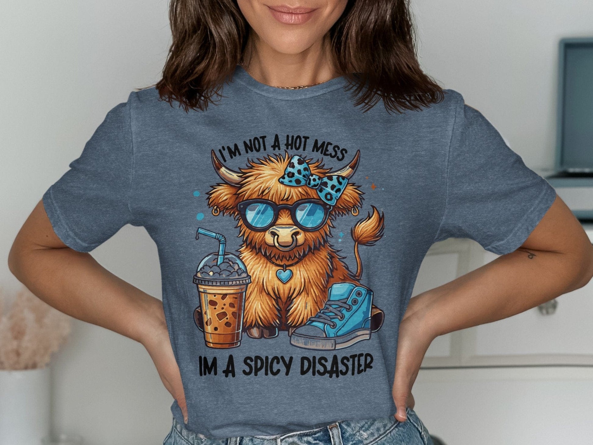 Physical Item T-Shirts / S / Navy Heather Highland Cow Cute Shirt, Funny Spicy Disaster Graphic Tee, Trendy Highland Cow Sweatshirt, Gift for Cow Lover