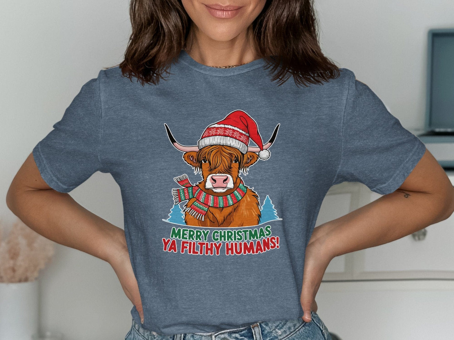 Physical Item T-Shirts / S / Navy Heather Merry Christmas Ya Filthy Humans Highland Cow Shirt Festive Holiday Top