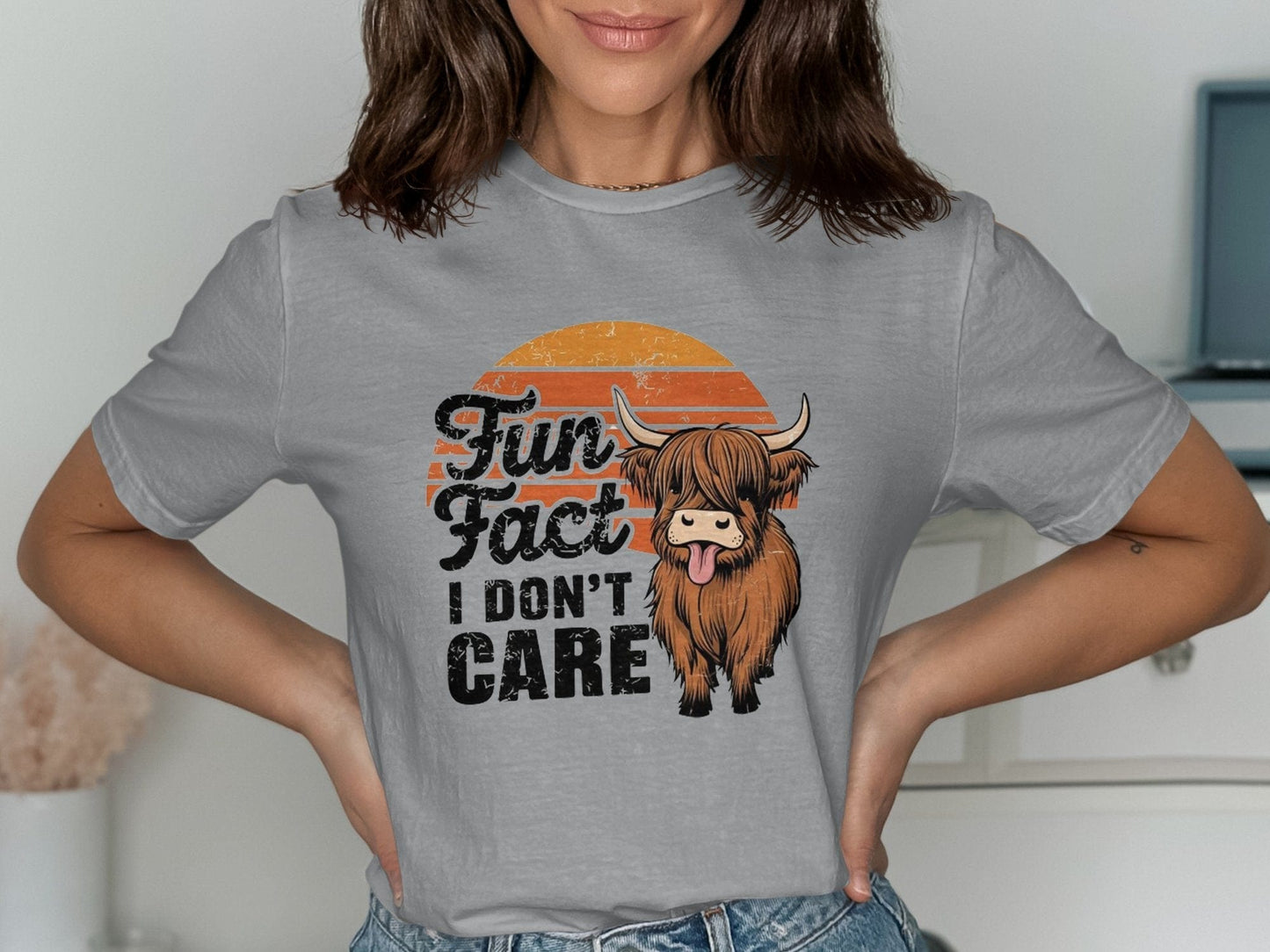 Physical Item T-Shirts / S / Sport Grey Fun Fact I Don't Care Highland Cow T-Shirt or Sweatshirt, Funny Cow Graphic Tee, Cute Animal Shirt