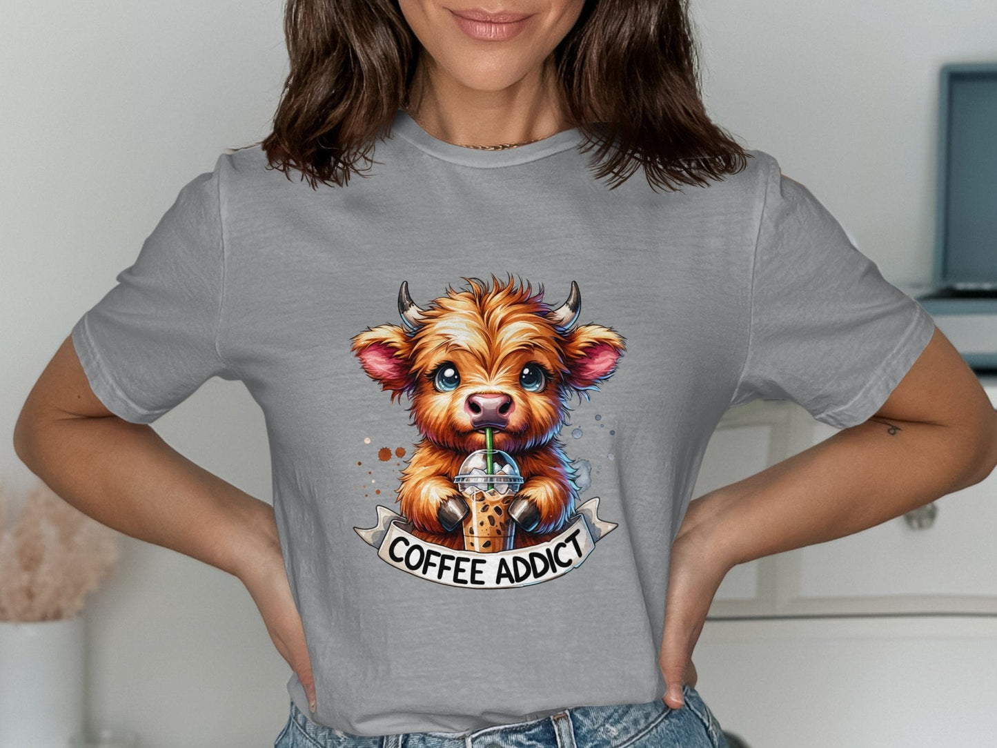 Physical Item T-Shirts / S / Sport Grey Highland Cow Coffee Addict T Shirt Cute Cow Drinking Coffee Shirt Café Lover Gift