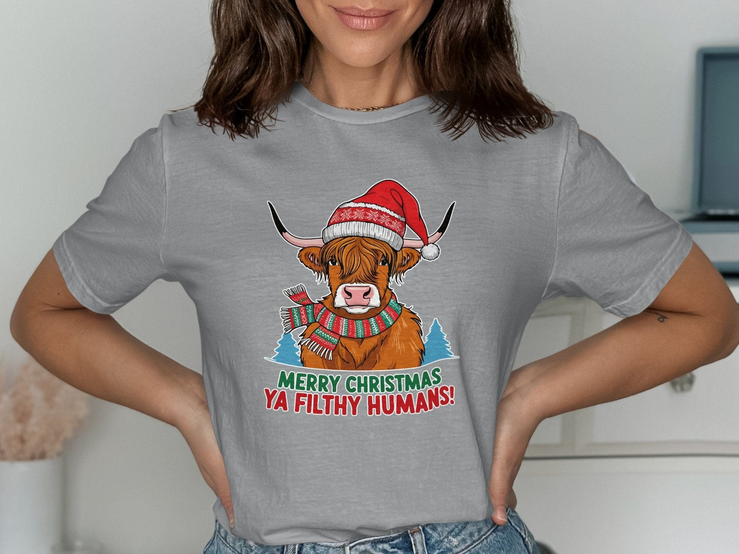 Physical Item T-Shirts / S / Sport Grey Merry Christmas Ya Filthy Humans Highland Cow Shirt Festive Holiday Top