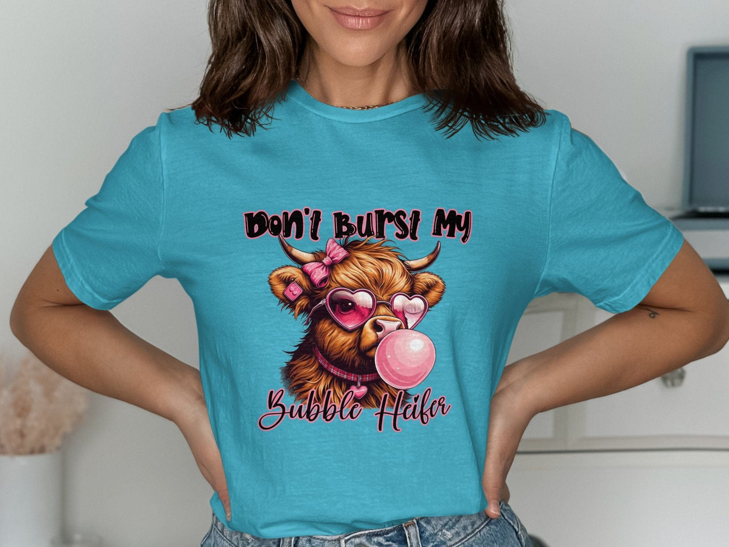 Physical Item T-Shirts / S / Tropical Blue Dont Burst My Bubble Heifer T Shirt Highland Cow Shirt Funny Cow Top