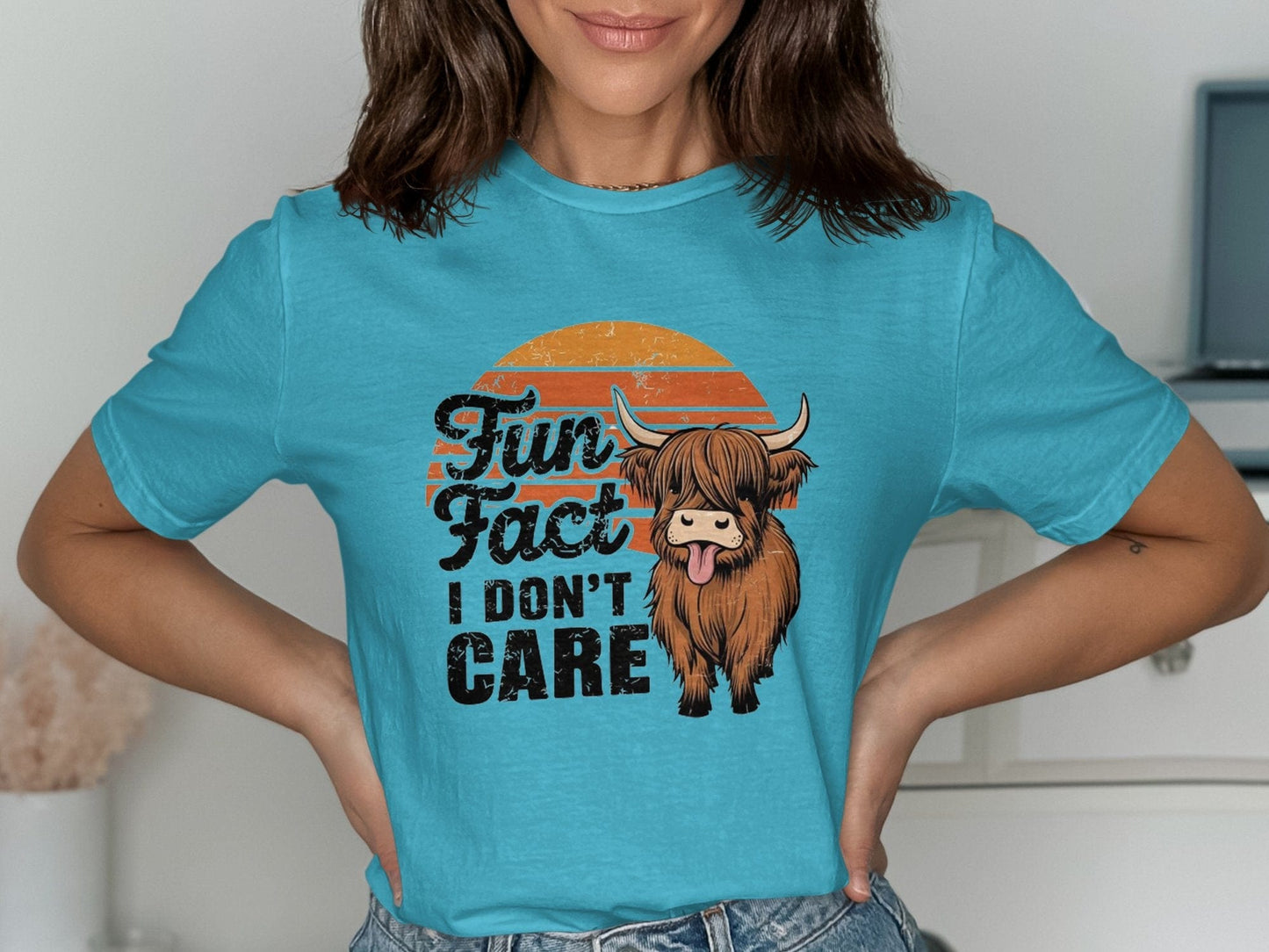 Physical Item T-Shirts / S / Tropical Blue Fun Fact I Don't Care Highland Cow T-Shirt or Sweatshirt, Funny Cow Graphic Tee, Cute Animal Shirt