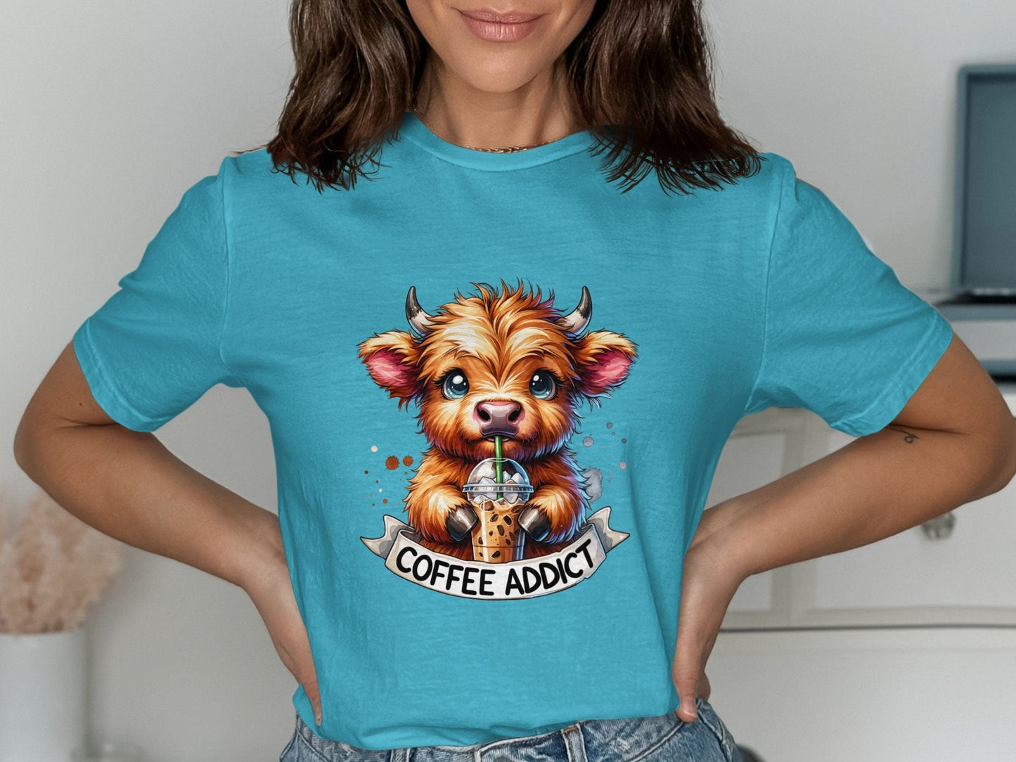 Physical Item T-Shirts / S / Tropical Blue Highland Cow Coffee Addict T Shirt Cute Cow Drinking Coffee Shirt Café Lover Gift