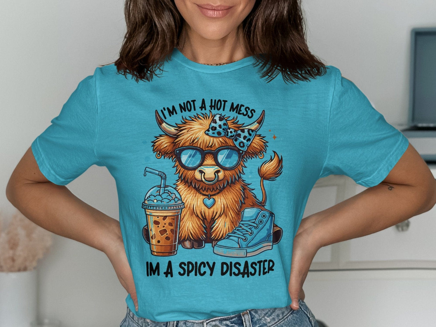 Physical Item T-Shirts / S / Tropical Blue Highland Cow Cute Shirt, Funny Spicy Disaster Graphic Tee, Trendy Highland Cow Sweatshirt, Gift for Cow Lover