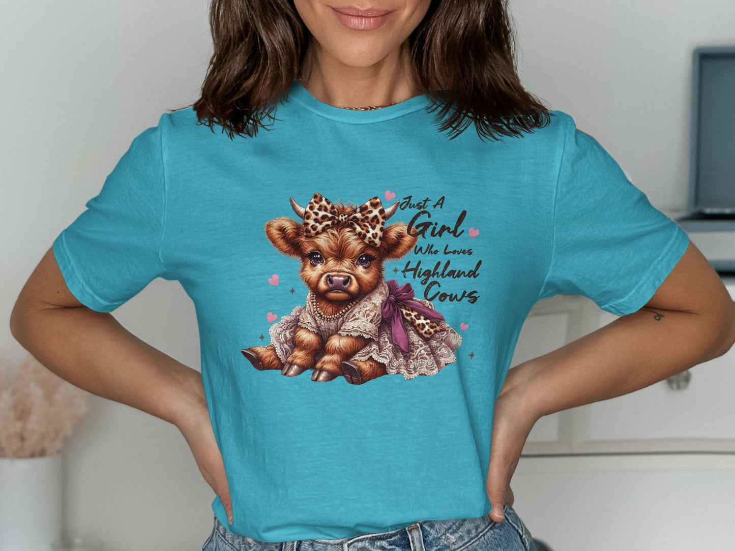 Physical Item T-Shirts / S / Tropical Blue Just A Girl Who Loves Highland Cows T-Shirt or Sweatshirt, Cute Highland Cow Design