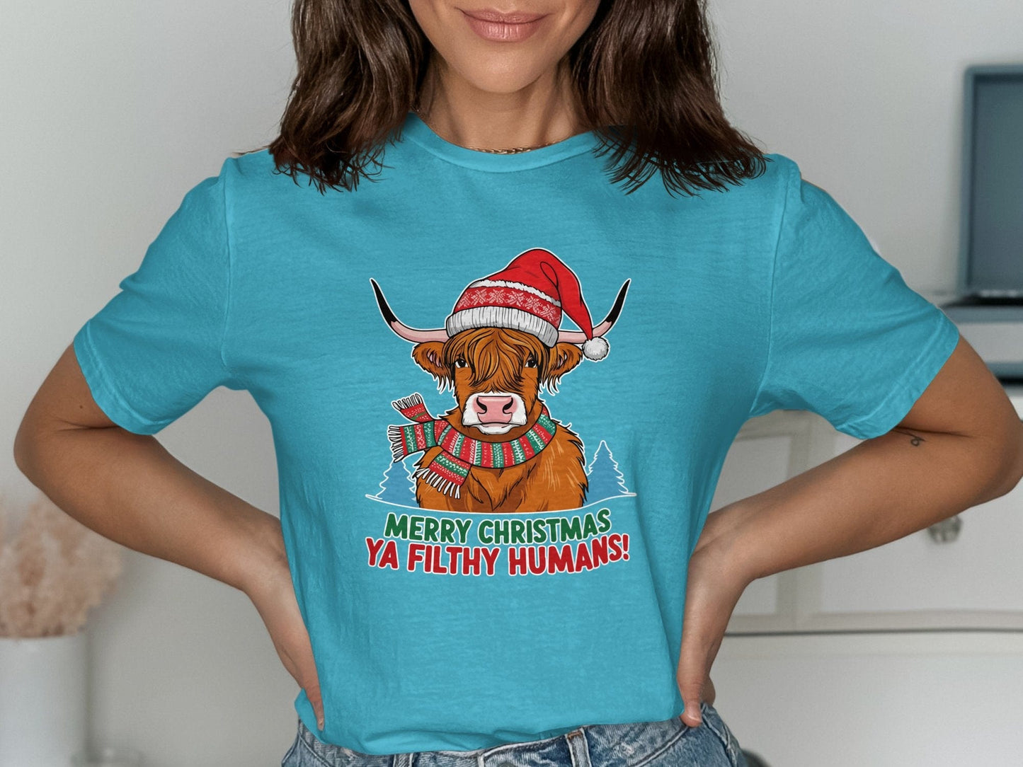 Physical Item T-Shirts / S / Tropical Blue Merry Christmas Ya Filthy Humans Highland Cow Shirt Festive Holiday Top