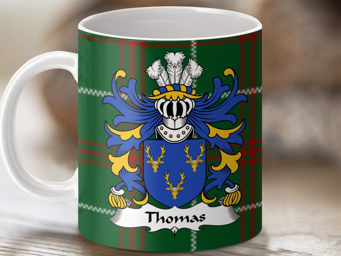 Physical Item Thomas Coat of Arms on Welsh National Tartan Mug