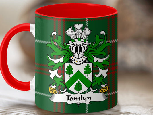 Physical Item Tomlyn Welsh Surname Tartan Background Coat of Arms Mug