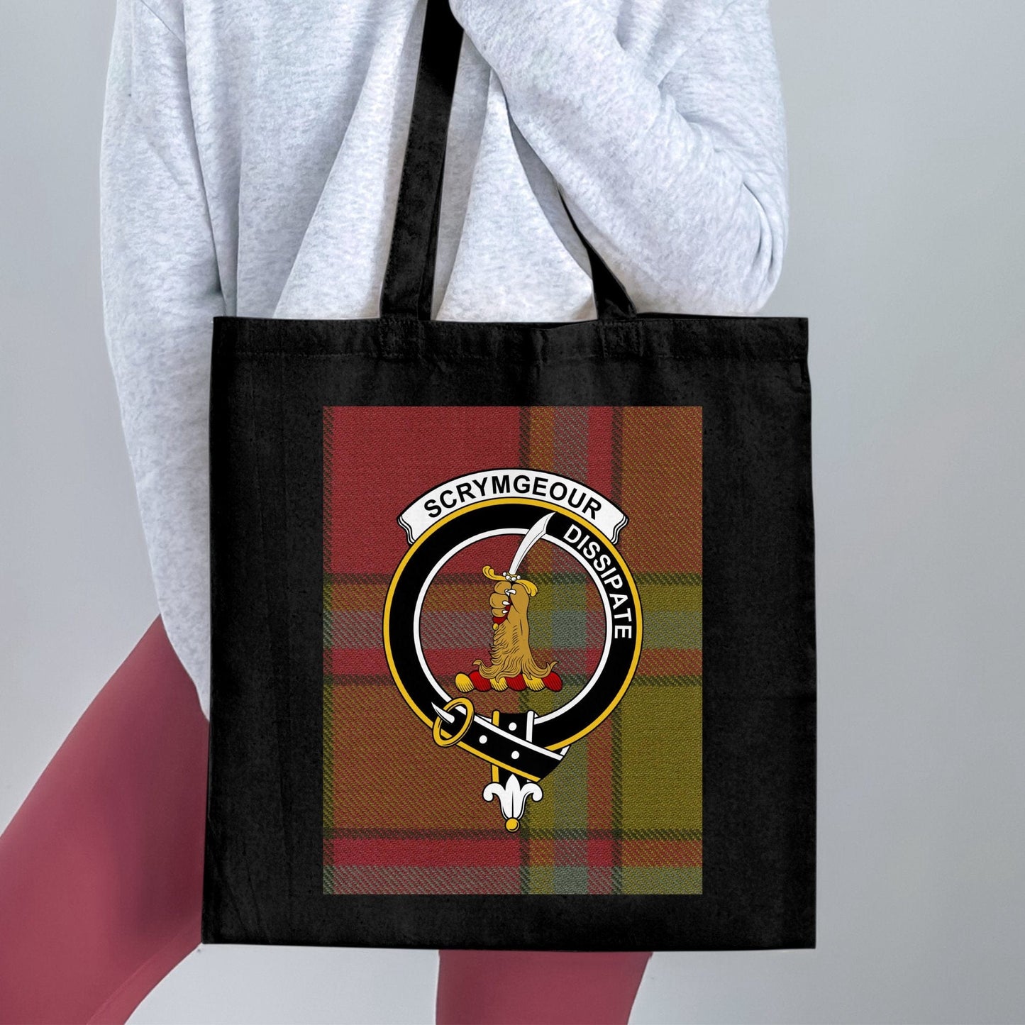 Physical Item Traditional Scottish Clan Crest on Tartan Background Tote Bag