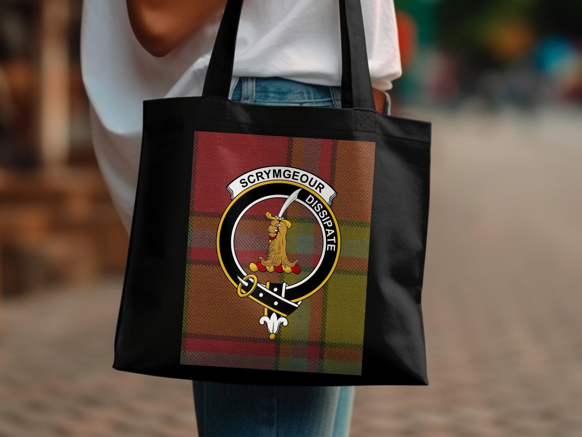 Physical Item Traditional Scottish Clan Crest on Tartan Background Tote Bag