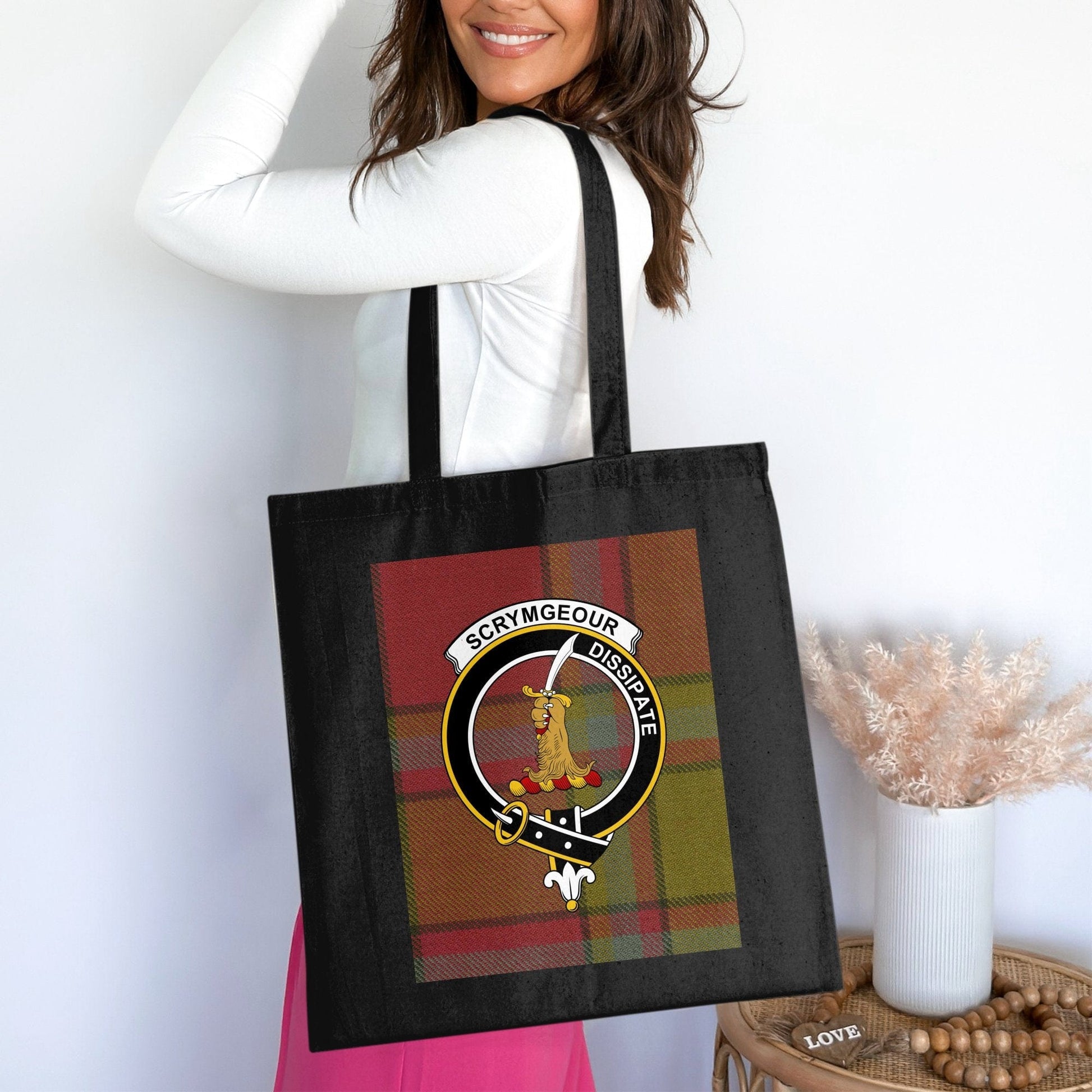 Physical Item Traditional Scottish Clan Crest on Tartan Background Tote Bag