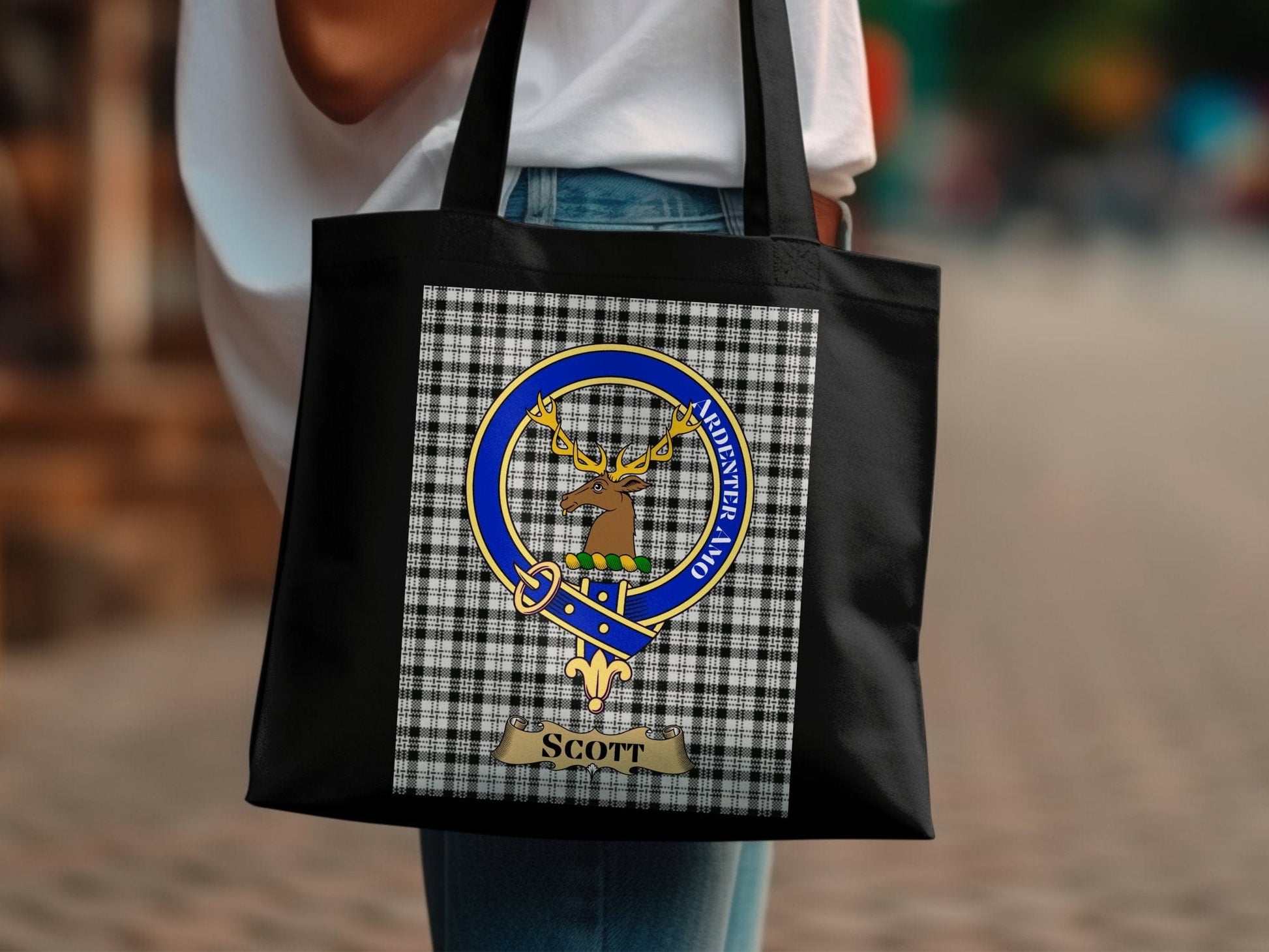 Physical Item Unique Scottish Clan Crest Tartan Background Tote Bag