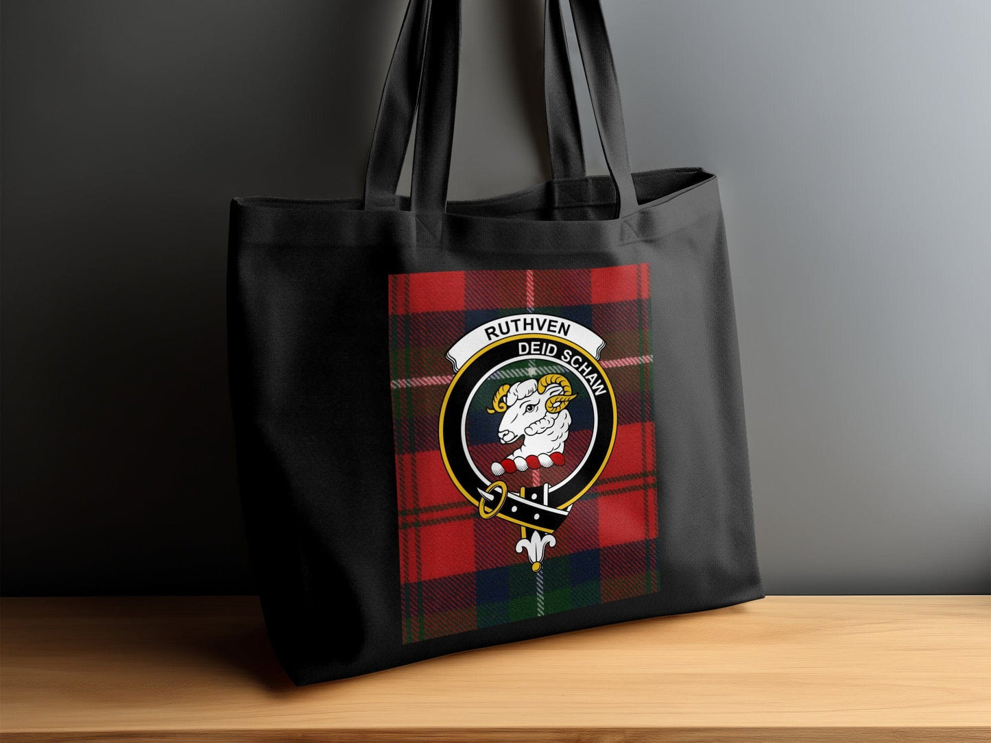 Physical Item Vibrant Scottish Clan Crest on Tartan Background Tote Bag