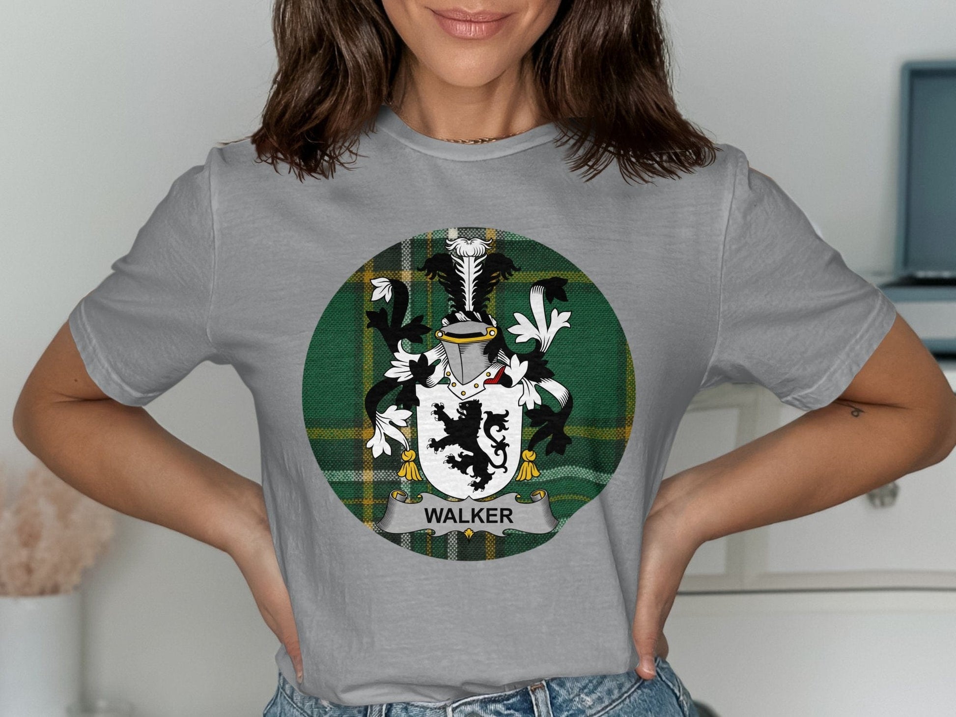 Physical Item Walker Irish surname coat of arms Tartan background T-Shirt