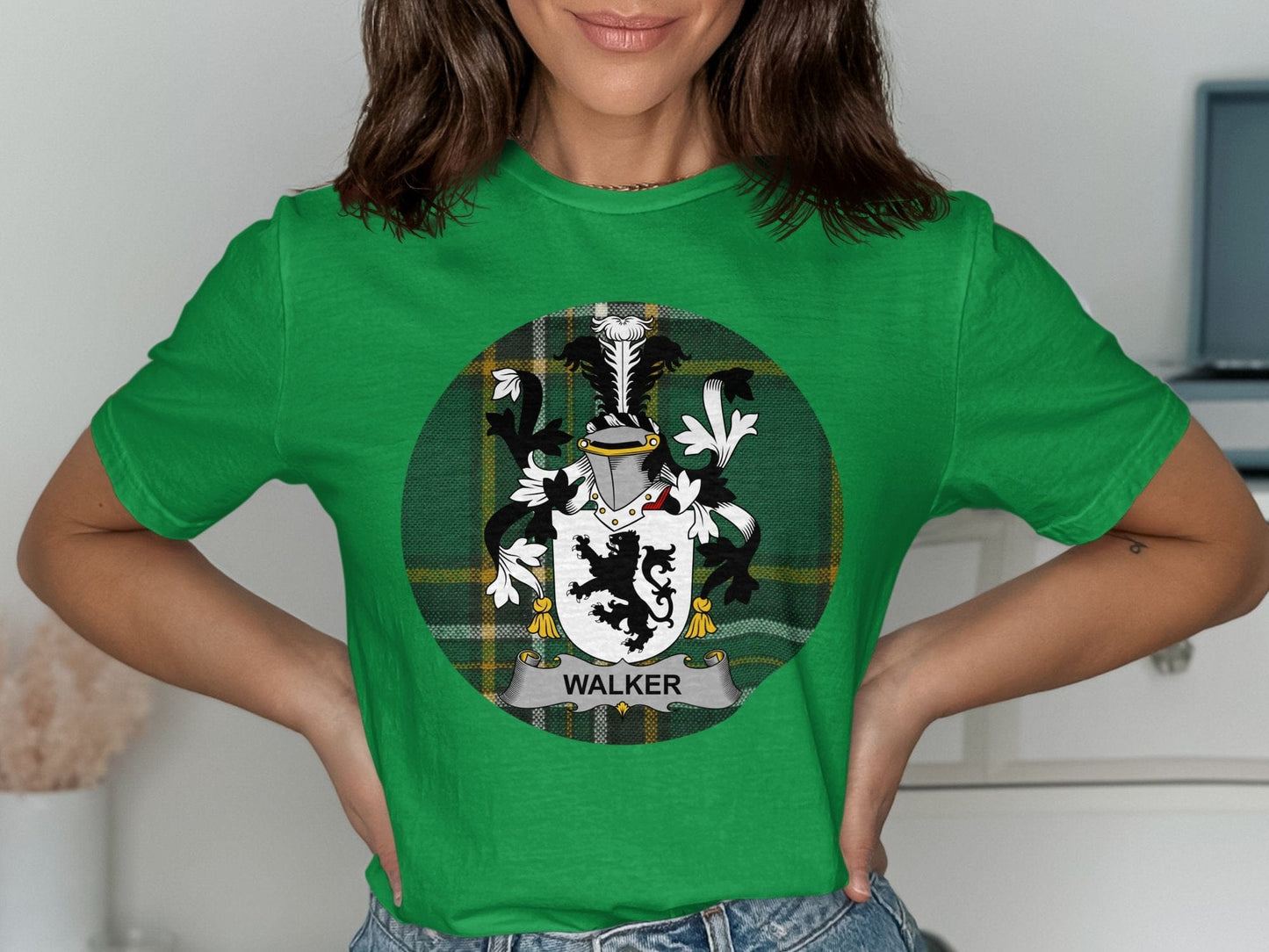 Physical Item Walker Irish surname coat of arms Tartan background T-Shirt