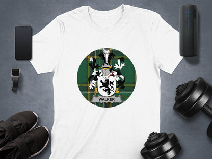 Physical Item Walker Irish surname coat of arms Tartan background T-Shirt