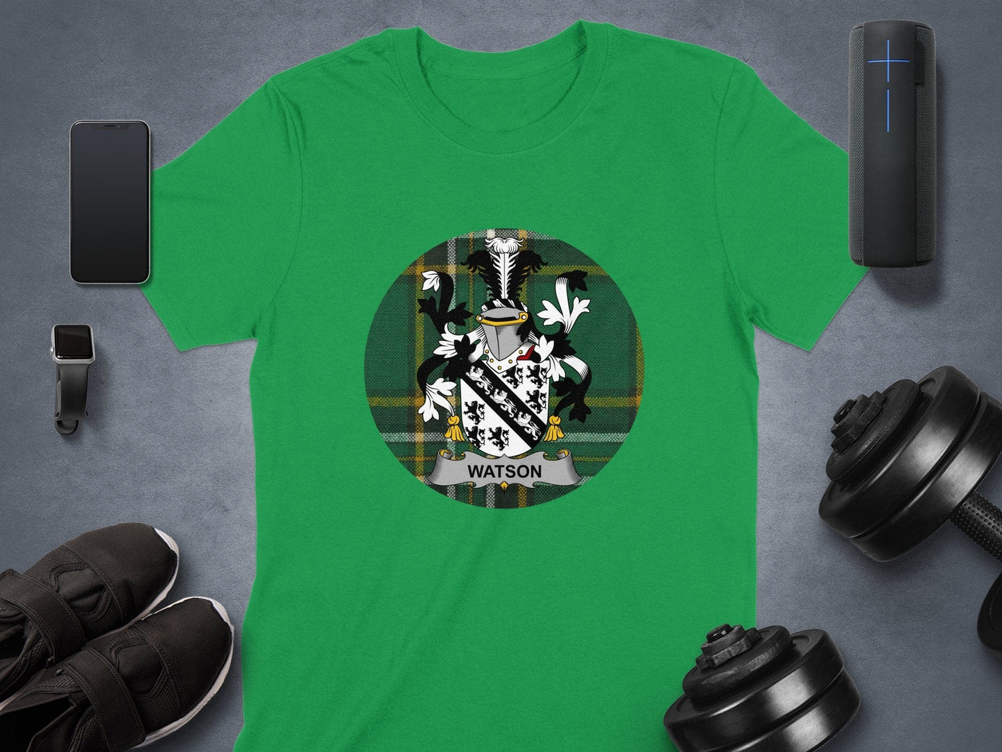 Physical Item Watson Family Crest Shield on Irish National Tartan T-Shirt