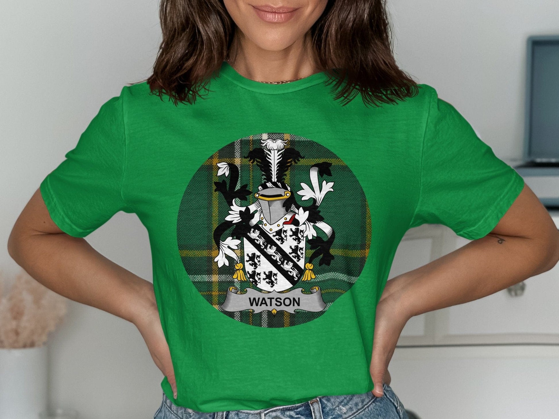 Physical Item Watson Family Crest Shield on Irish National Tartan T-Shirt