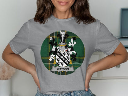 Physical Item Watson Family Crest Shield on Irish National Tartan T-Shirt