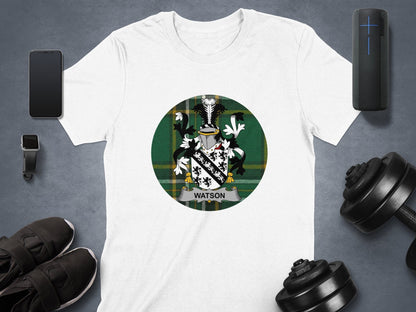 Physical Item Watson Family Crest Shield on Irish National Tartan T-Shirt