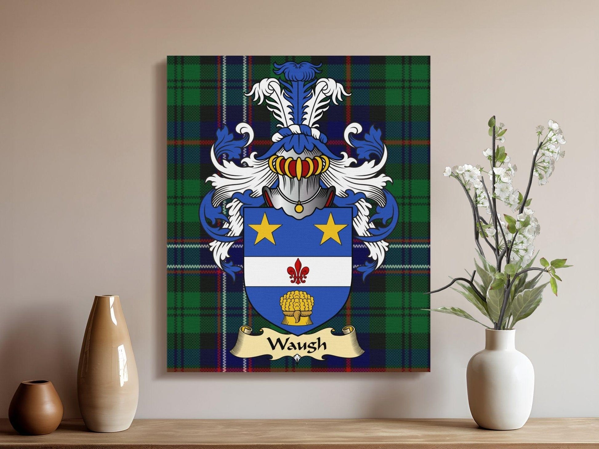 Physical Item Waugh Clan Coat of Arms Tartan Canvas Wrap