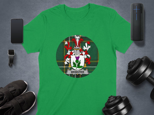 Physical Item Webster Irish Surname Coat of Arms on Tartan Background T-Shirt