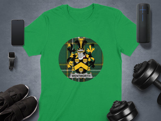 Physical Item Wentworth Irish Coat of Arms on Tartan Background T-Shirt